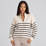 Striped Half-Zip Ribbed Knit Sweater with Stand Collar