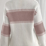 Two Tone Ribbed Knit Sweater with Balloon Sleeves and Ribbed Cuff