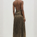 Pleated Halter Maxi Dress with Thigh Slit