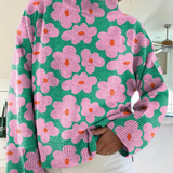Floral Print Knit Turtleneck Sweater with Wide Sleeves