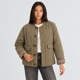 Quilted Jacket with Leopard Print Cuffs and Button Front