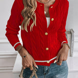 Button Front Cable Knit Cardigan with Ribbed Trim