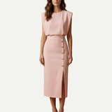 Sleeveless Midi Dress with Button Detail and Front Slit