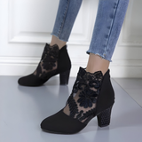 Floral Lace Mesh Ankle Boots with Block Heel