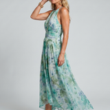 Floral Halter Maxi Dress with Keyhole and Ruched Waist