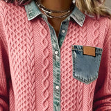 Button-Down Sweater with Denim Collar