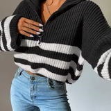 Half-Zip Striped Ribbed Knit Sweater