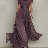 Lace Trim Chiffon Maxi Dress with High Neck and Puff Sleeves