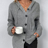 Hooded Button-Front Knit Cardigan with Drawstring