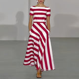 Striped Maxi Dress with Boat Neck and Short Sleeves