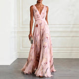 Pleated Floral Print Maxi Dress with V-Neck
