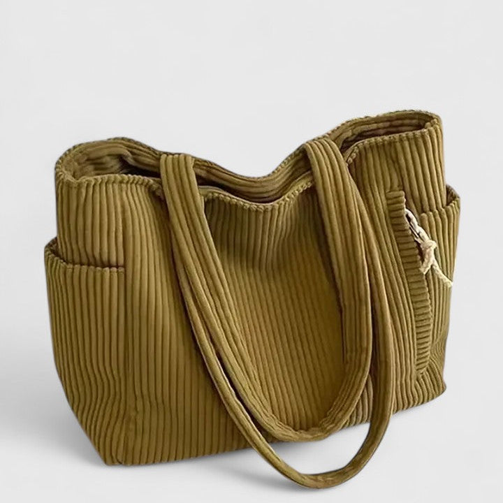 Ribbed Tote Bag with Shoulder Straps and Side Pocket