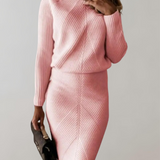Ribbed Knit Two-Piece Set with Turtleneck Top and Bodycon Skirt