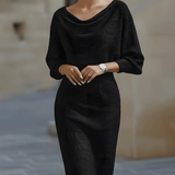 Ribbed Knit Midi Dress with Cowl Neck and Batwing Sleeves
