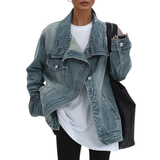 Oversized Denim Jacket with High Collar and Button Front