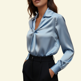 Satin Blouse with Twist Front and Collared Neckline