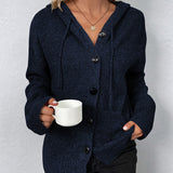 Hooded Button-Front Knit Cardigan with Drawstring