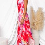 One-Shoulder Floral Pleated Maxi Dress with Ruched Waist