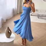 Flared Midi Dress with Square Neck and Wide Straps