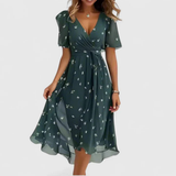 A-Line Floral Wrap Midi Dress with Ruffle Sleeves