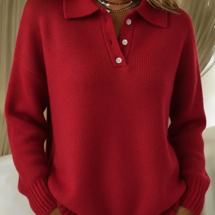 Half Button Polo Collar Sweater with Ribbed Hem