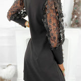 Embroidered Mesh Sleeve Shift Mini Dress with Round Neck