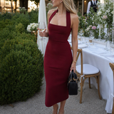 Bodycon Halter Midi Dress with Square Neck