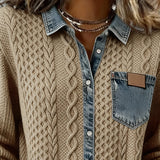 Button-Down Sweater with Denim Collar