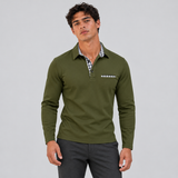 Long Sleeve Polo Shirt with Checkered Collar and Chest Pocket