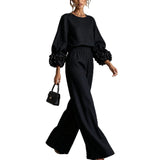 Women's Two Piece Pants Set with Floral Cuff Long Sleeve Blouse and Wide Leg Pants