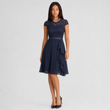 Lace A-Line Midi Dress with Ruffle Front and Cap Sleeves