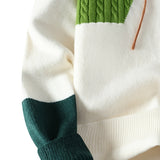 Patchwork Cable Knit Sweater with Round Neck