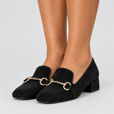 Block Heel Loafers with Horsebit Detail and Square Toe