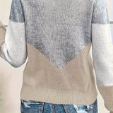 Color Block Knit Sweater with V-Neck and Ribbed Trim