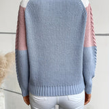 Cable Knit Color Block Sweater with Raglan Sleeves and Round Neck