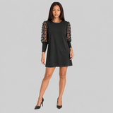 Embroidered Mesh Sleeve Shift Mini Dress with Round Neck
