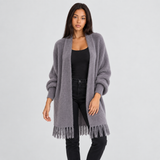 Long Open-Front Cardigan with Shawl Collar and Fringed Hem