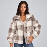 Plaid Fleece Jacket with Button Front and Wide Collar