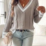 V-Neck Sweater with Cable Knit and Striped Trim