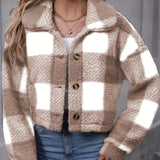 Cropped Plaid Fleece Jacket with Button Front