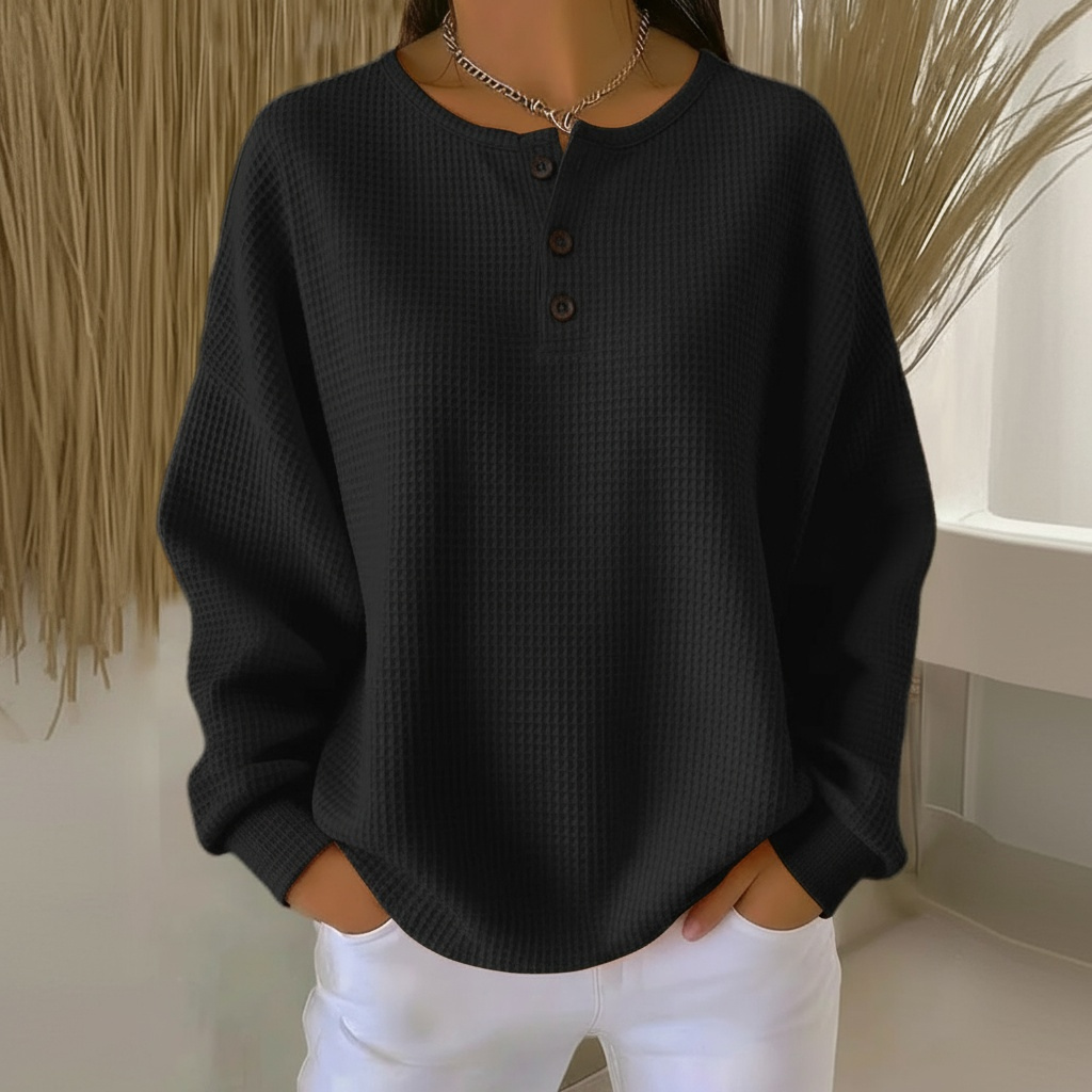Waffle Knit Sweater with Button Neck Women