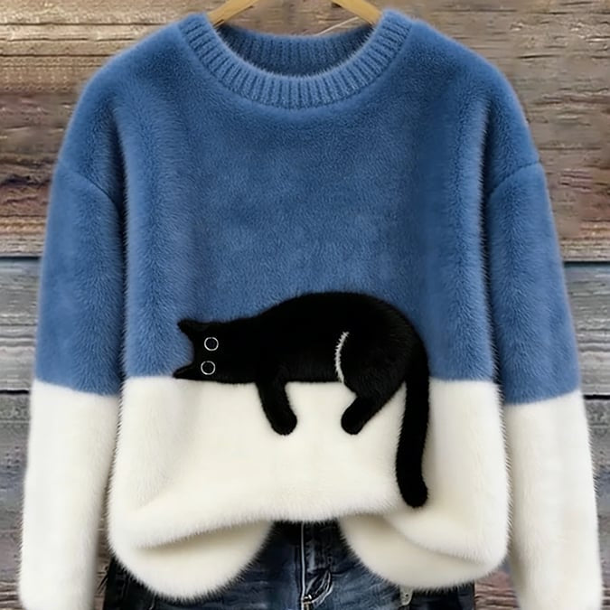 Cat Color block Oversized Fuzzy Knit Sweater