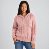 Cable Knit Hooded Sweater with Half-Button