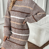 Striped Knit Mini Sweater Dress with Long Sleeves and Round Neck