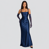 Satin Mermaid Maxi Dress with Square Neck and Wide Straps
