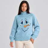 Christmas Sweater for Women with Snowman Face Print and Ribbed Turtleneck
