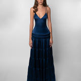 Satin V-Neck Maxi Dress with Cutout Waist and Tiered Skirt