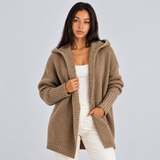 Women's Longline Cardigan with Oversized Hood and Open Front Knit Design with Ribbed Sleeves