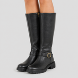 Knee-High Riding Boots with Buckle Strap and Side Zip