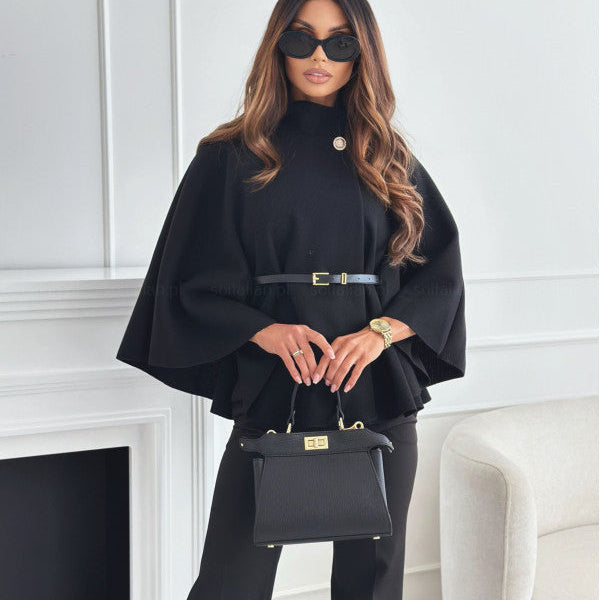 Belted High Neck Sweater with Cape Sleeve